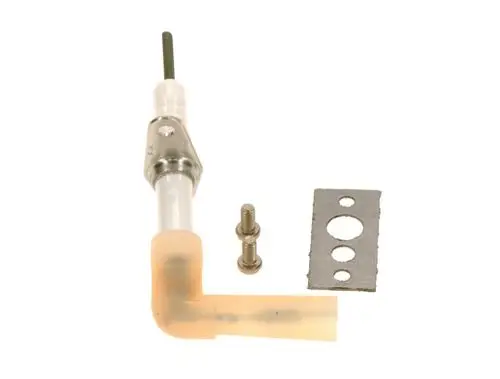 Bosch Ionisationselektrode mit gebogenem Ende, metallischer und transparenter Kunststoffkomponente sowie zwei Schrauben und einem Montageblech.